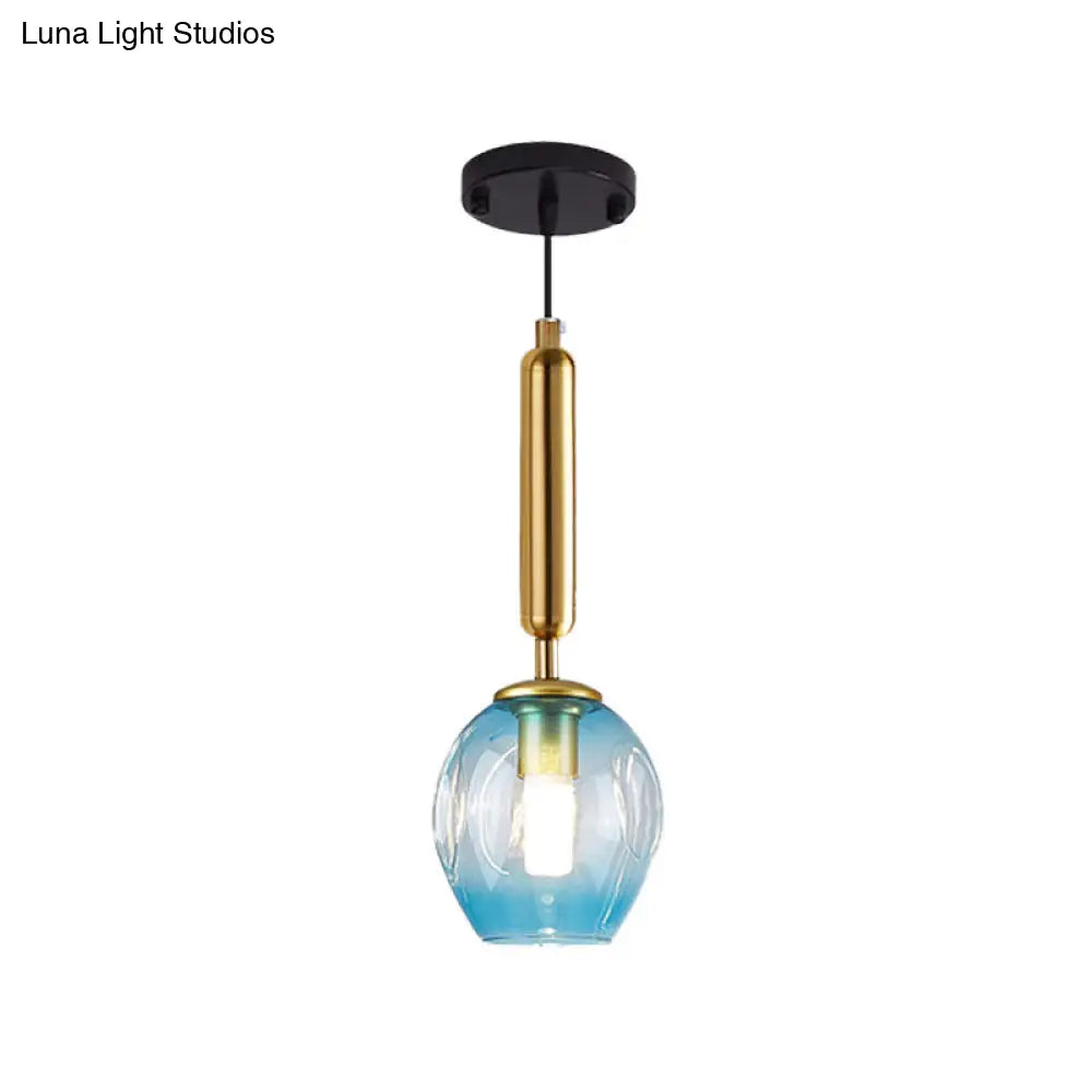 Modernist Pendant Lamp Fixture With Blue/Smoke Gray Dimpled Glass For Tulip Bedside Hanging Lighting