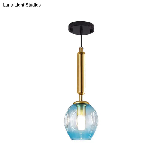 Modernist Pendant Lamp Fixture With Blue/Smoke Gray Dimpled Glass For Tulip Bedside Hanging Lighting