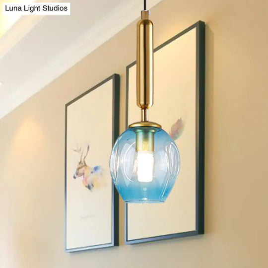 Modernist Pendant Lamp Fixture With Blue/Smoke Gray Dimpled Glass For Tulip Bedside Hanging Lighting