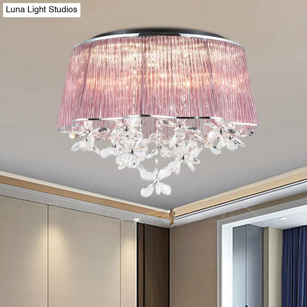 Modernist Pink Crystal Rods Ceiling Lamp With Scalloped Drum Shade 3-Light Flush Mount