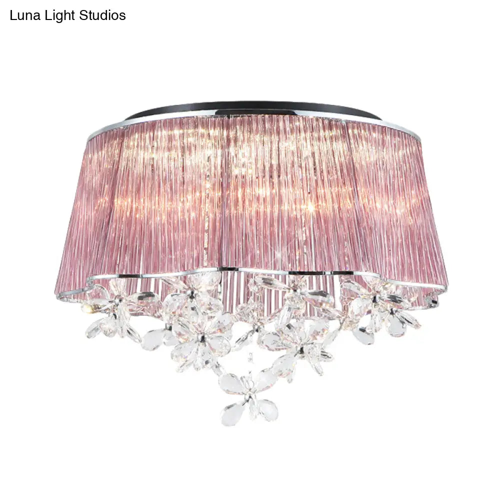 Modernist Pink Crystal Rods Ceiling Lamp With Scalloped Drum Shade 3-Light Flush Mount
