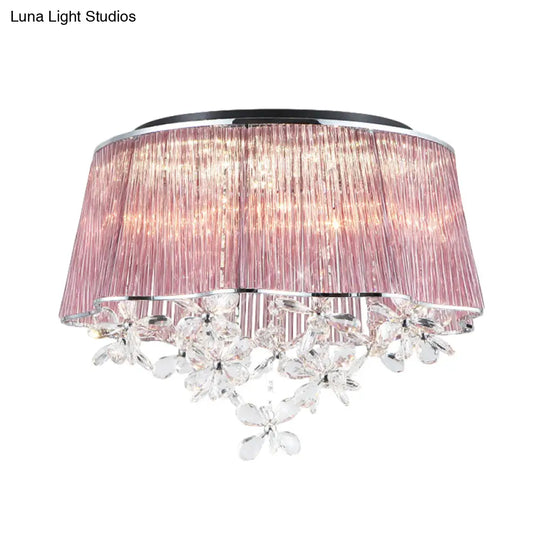 Modernist Pink Crystal Rods Ceiling Lamp With Scalloped Drum Shade 3-Light Flush Mount
