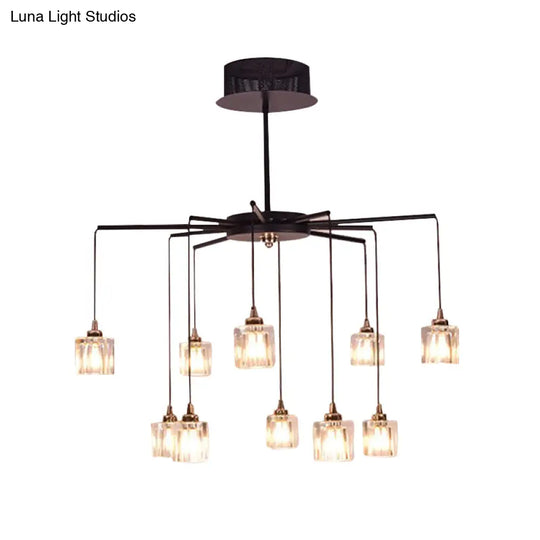 Modernist Radial Ceiling Chandelier - 10 Lights With Black Finish Metal Pendant And Clear Crystal