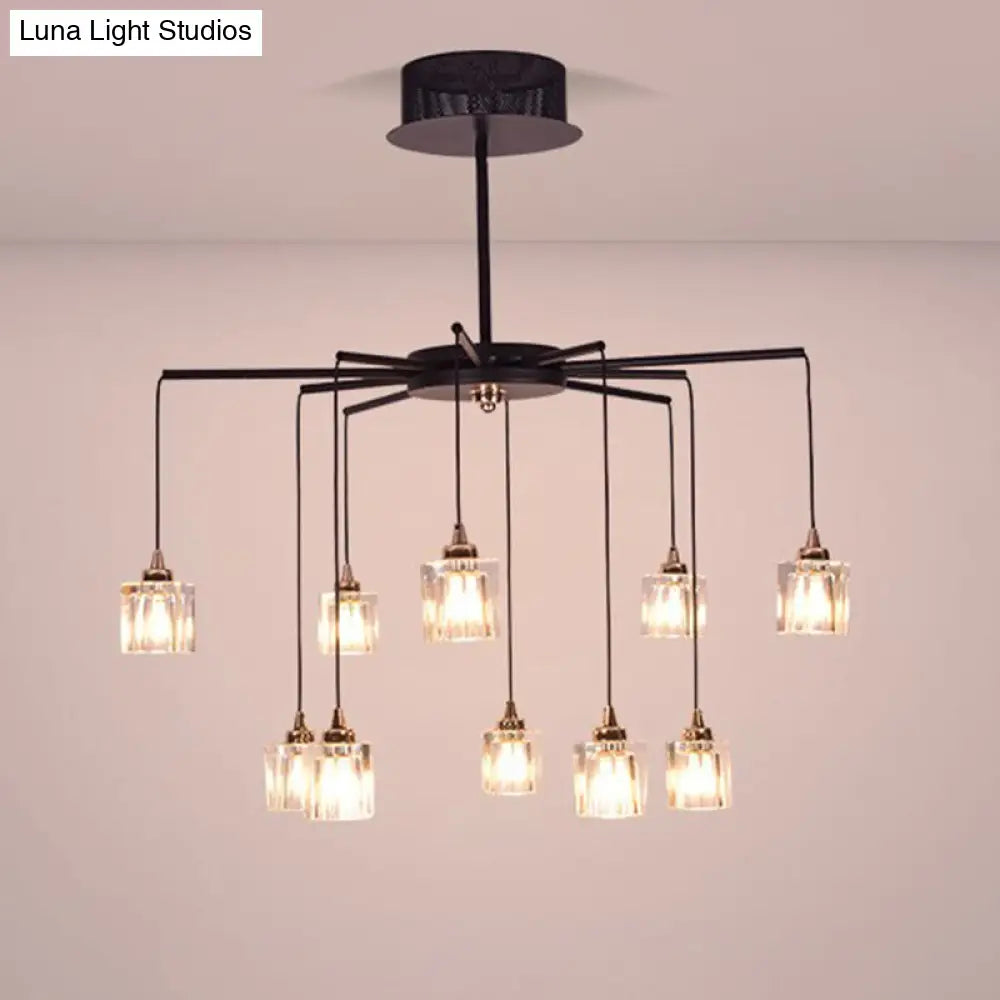 Modernist Black Finish Radial Ceiling Chandelier With 10 Lights And Clear Crystal Cube Shade