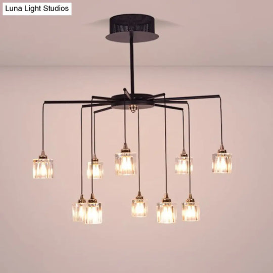Modernist Black Finish Radial Ceiling Chandelier With 10 Lights And Clear Crystal Cube Shade