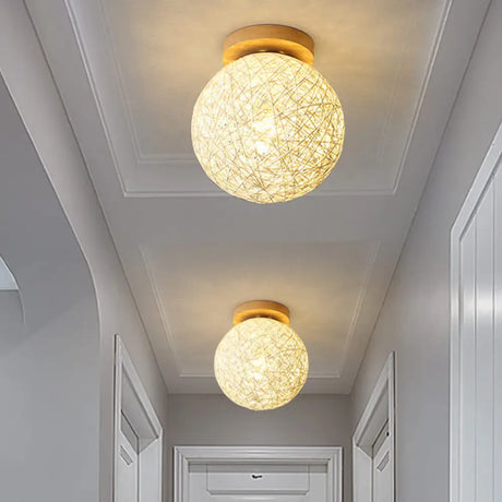 Modernist Rattan Ceiling Mount Light: Blue/Flaxen Globe Shade 6/8 Wide 1 Bulb Flush Lighting For