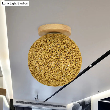 Modernist Rattan Ceiling Mount Light: Blue/Flaxen Globe Shade 6’/8’ Wide 1 Bulb Flush Lighting