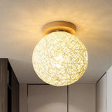 Modernist Rattan Ceiling Mount Light: Blue/Flaxen Globe Shade 6’/8’ Wide 1 Bulb Flush Lighting