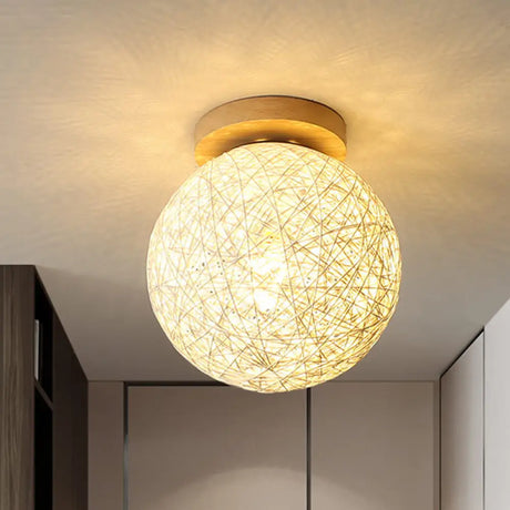 Modernist Rattan Ceiling Mount Light: Blue/Flaxen Globe Shade 6’/8’ Wide 1 Bulb Flush Lighting