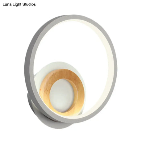 Modernist Ring Wall Sconce: Acrylic Led Bedside Light In White With Wood Detail