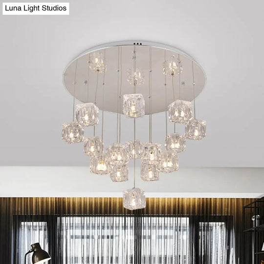 Modern Clear Crystal Cube Multi-Pendant 15-Light Silver Led Ceiling Lamp
