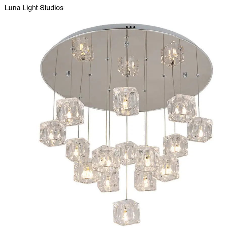 Modern Clear Crystal Cube Multi-Pendant 15-Light Silver Led Ceiling Lamp