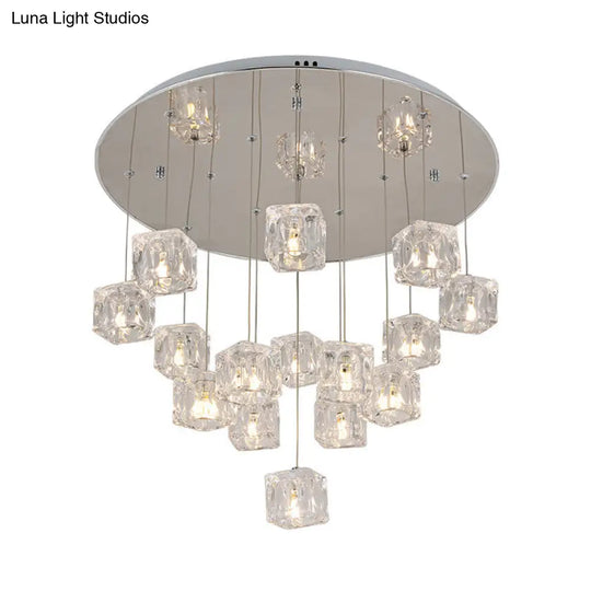Modern Clear Crystal Cube Multi-Pendant 15-Light Silver Led Ceiling Lamp