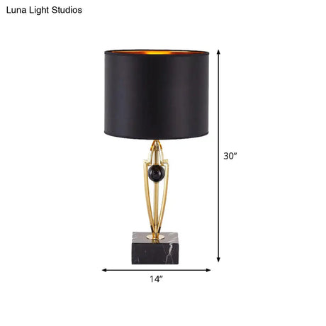 Modernist Small Black Desk Lamp With Marble Base - Fabric Drum Task Light For Efficient Lighting