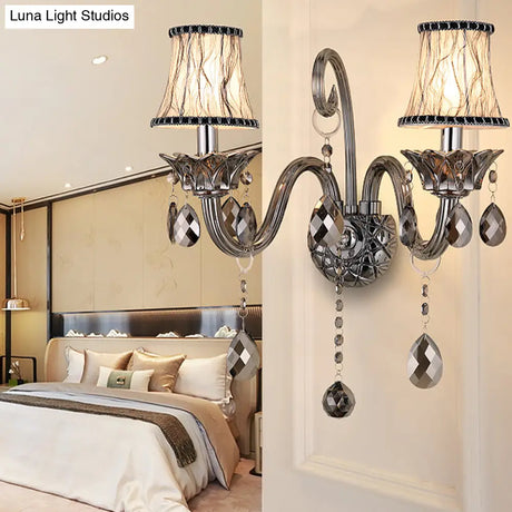 Modernist Smoke Grey Crystal Conical Sconce Light: Wall Mounted Lighting For Living Room (1/2