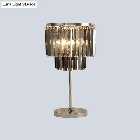 Modernist Smoke Grey Crystal Cylindrical Desk Lamp With 2 Heads - Ideal For Dining Room