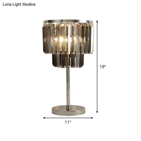 Modernist Smoke Grey Crystal Cylindrical Desk Lamp With 2 Heads - Ideal For Dining Room
