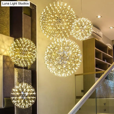 Modernist Stainless Steel Firework Chandelier With Led Orb Shade - 8/12 W Chrome