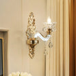 Modernist Style Floral Wall Sconce With Clear Crystal 1/2-Light Fixture - Gold Light For Living Room