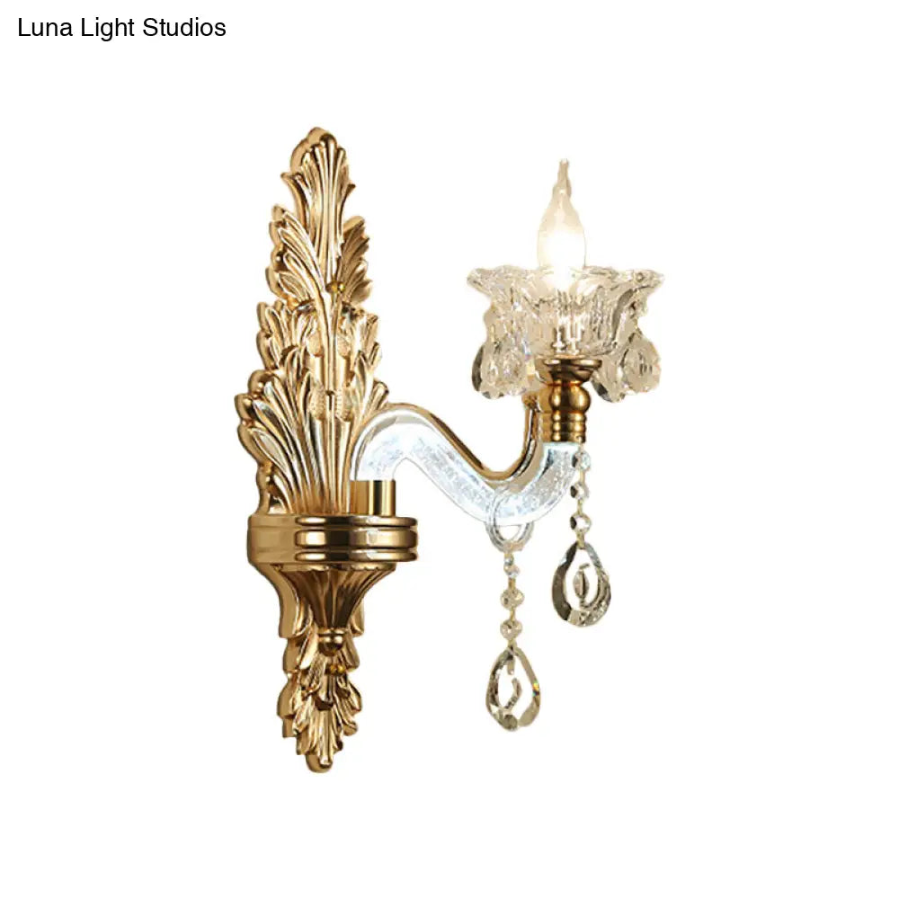 Modernist Style Floral Wall Sconce With Clear Crystal 1/2-Light Fixture - Gold Light For Living Room
