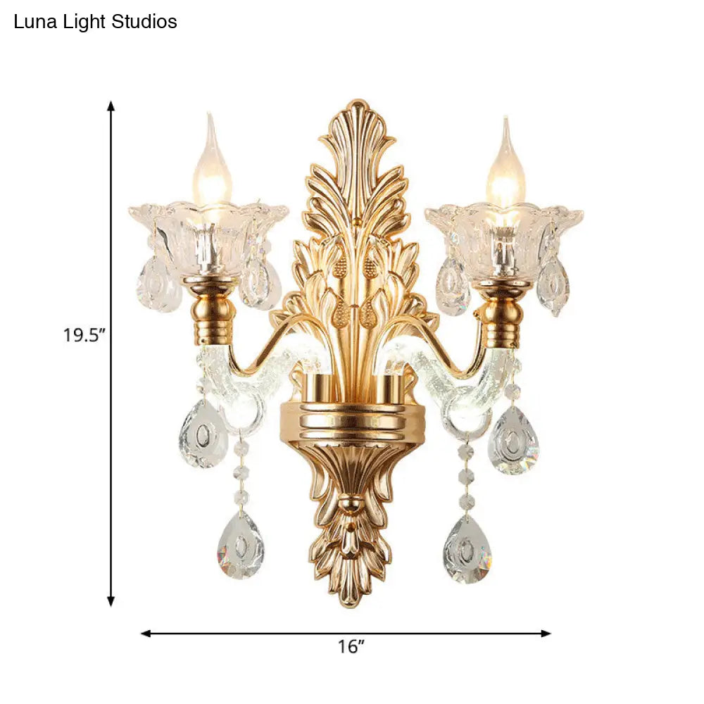 Modernist Style Floral Wall Sconce With Clear Crystal 1/2-Light Fixture - Gold Light For Living Room