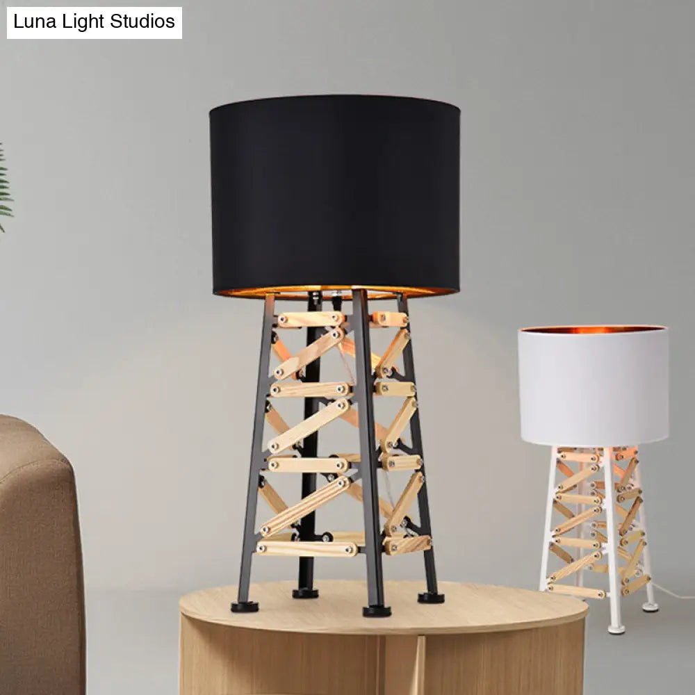 Modernist Tower Nightstand Lamp - 1 Head Metal Light In White/Black With Fabric Shade