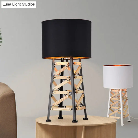 Modernist Tower Nightstand Lamp - 1 Head Metal Light In White/Black With Fabric Shade
