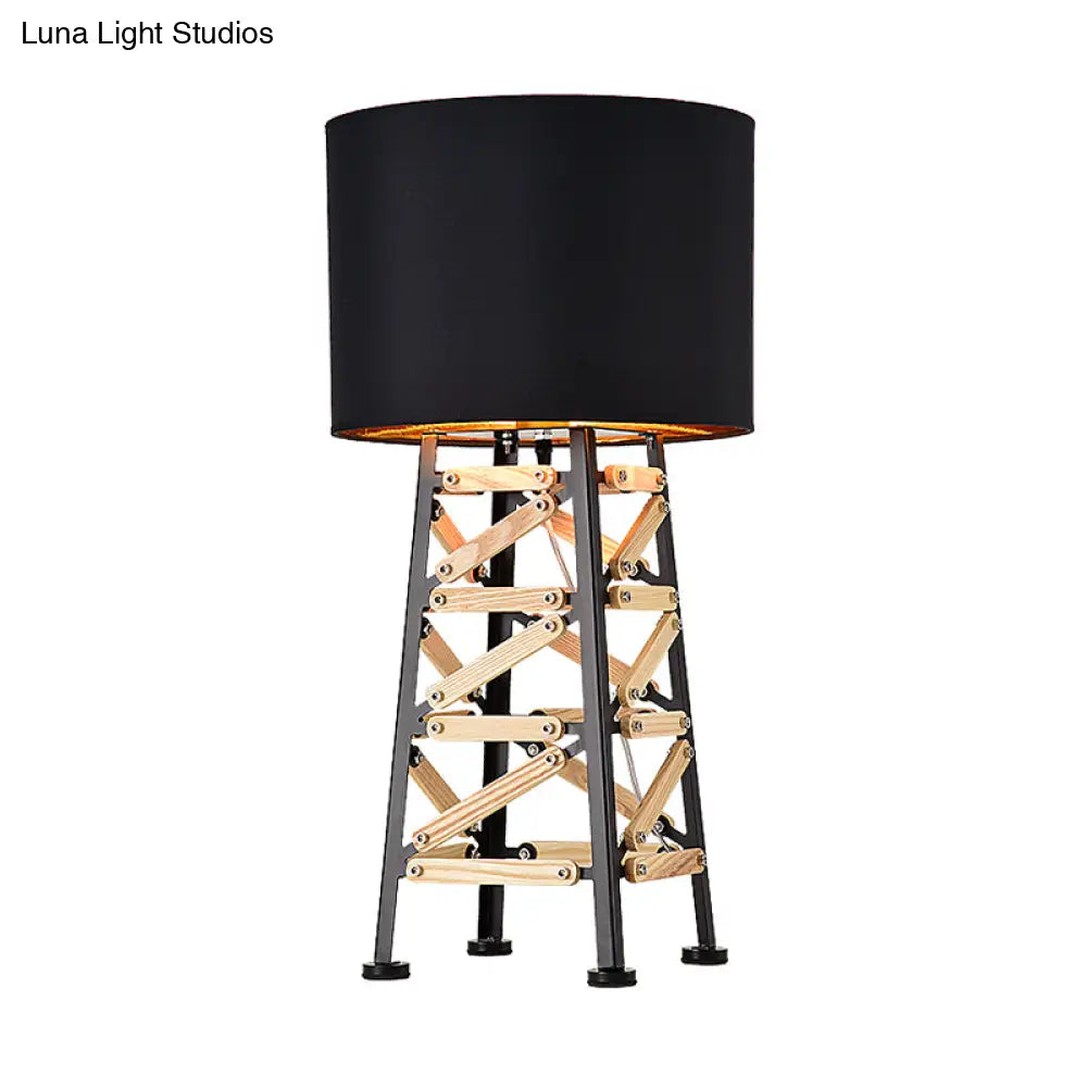 Modernist Tower Nightstand Lamp - 1 Head Metal Light In White/Black With Fabric Shade