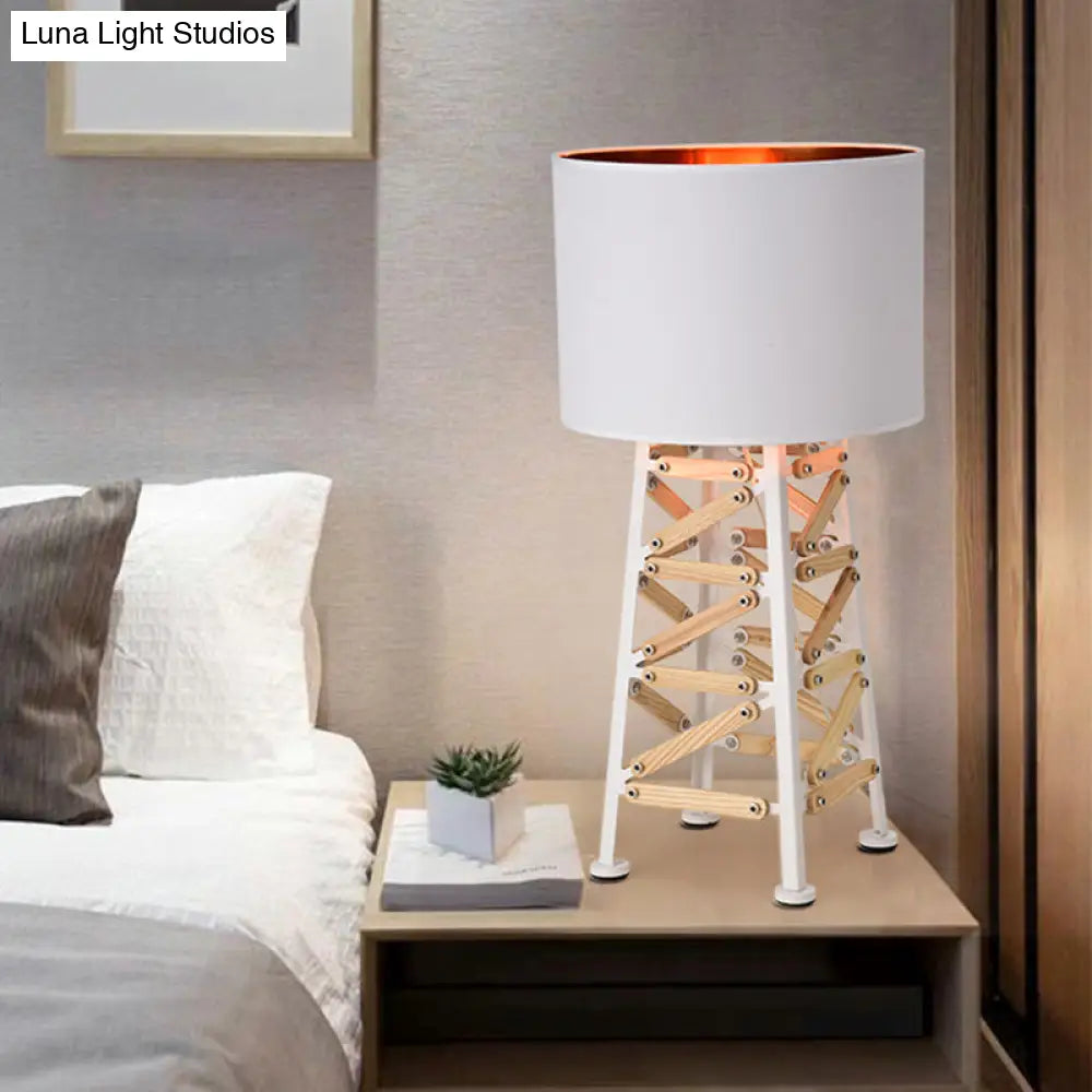 Modernist Tower Nightstand Lamp - 1 Head Metal Light In White/Black With Fabric Shade