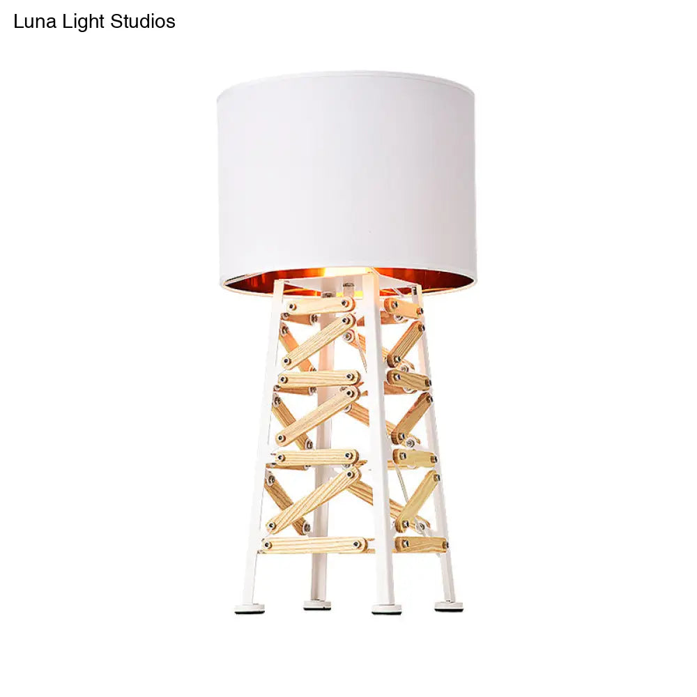Modernist Tower Nightstand Lamp - 1 Head Metal Light In White/Black With Fabric Shade
