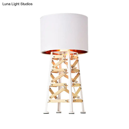 Modernist Tower Nightstand Lamp - 1 Head Metal Light In White/Black With Fabric Shade
