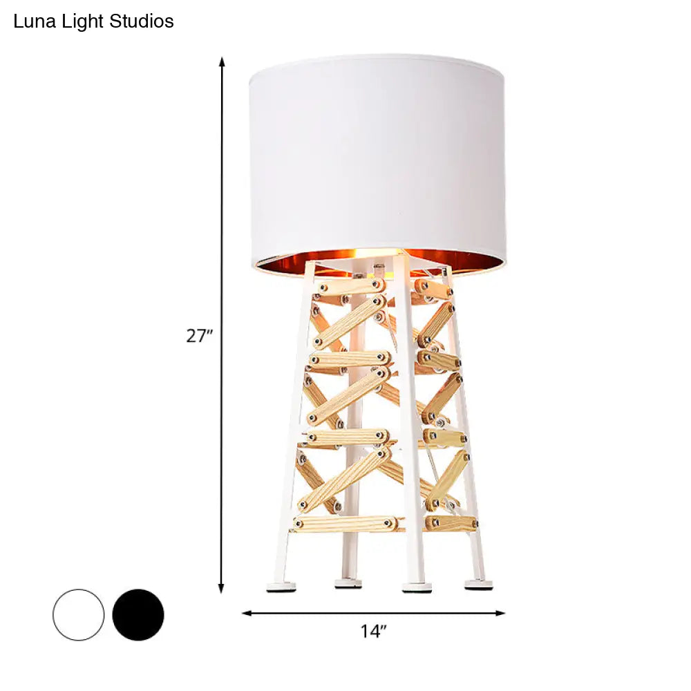 Modernist Tower Nightstand Lamp - 1 Head Metal Light In White/Black With Fabric Shade