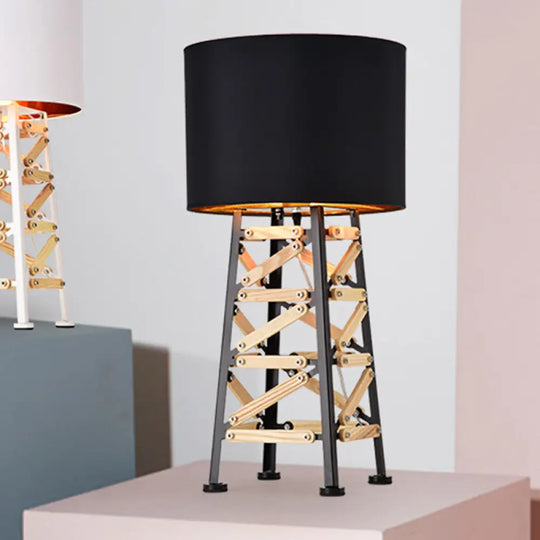 Modernist Tower Nightstand Lamp - 1 Head Metal Light In White/Black With Fabric Shade Black