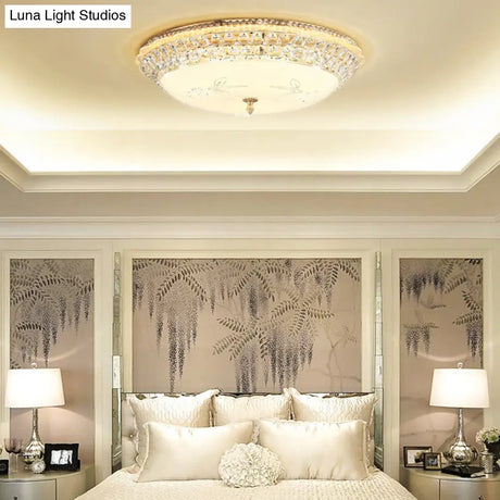 Modernist White Glass And Clear Crystal Led Flush Pendant Light For Bedroom - 12’/16’ Diameter