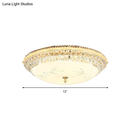 Modernist White Glass And Clear Crystal Led Flush Pendant Light For Bedroom - 12/16 Diameter