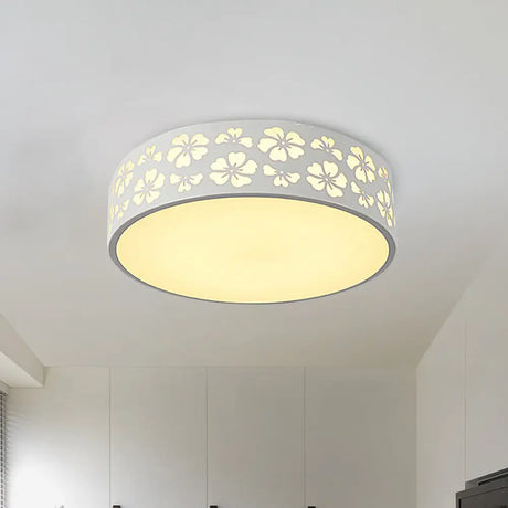 Modernist White Led Flush - Mount Iron Carved Drum Ceiling Light With Recessed Diffuser