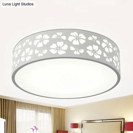 Modernist White Led Flush - Mount Iron Carved Drum Ceiling Light With Recessed Diffuser