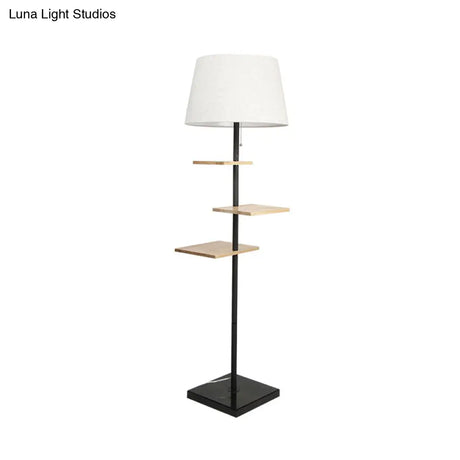 Modernist Wood Square Panel Floor Lamp - Black Finish Fabric Shade