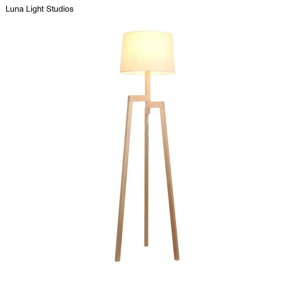 Modernistic White Reading Floor Lamp With Wooden Tripod - Elegant Fabric Standing Light