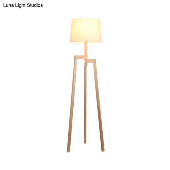 Modernistic White Reading Floor Lamp With Wooden Tripod - Elegant Fabric Standing Light