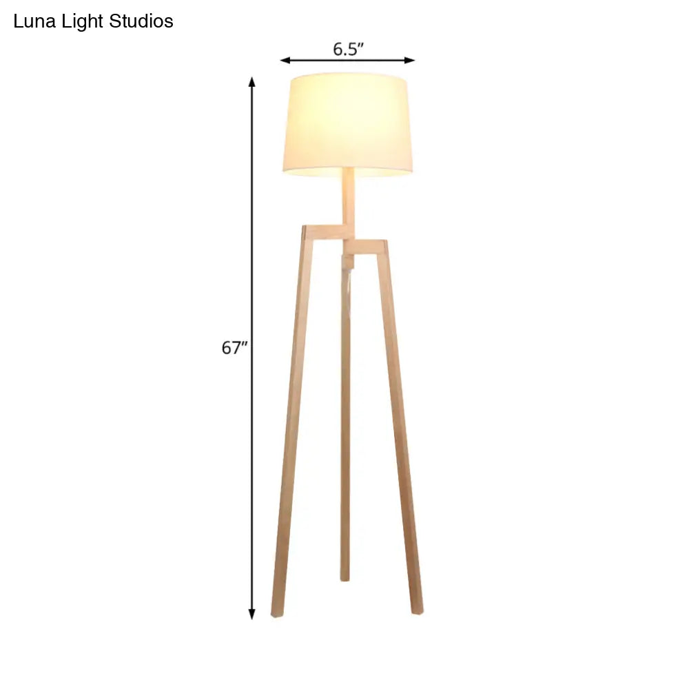 Modernistic White Reading Floor Lamp With Wooden Tripod - Elegant Fabric Standing Light