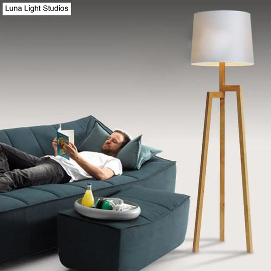 Modernistic White Reading Floor Lamp With Wooden Tripod - Elegant Fabric Standing Light