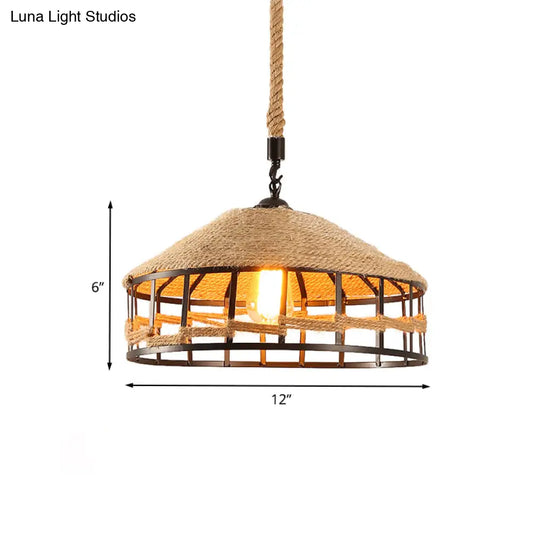 Mongolian Yurts Vintage Rope Pendant Light Fixture - Beige With Wire Cage (12/16/19.5 W)