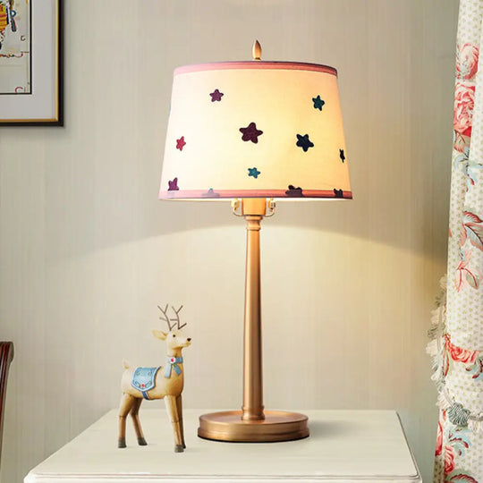 Monica - Modern Drum Fabric Table Lamp 1 Light Nightstand Lighting In Brass With Pentagram Pattern