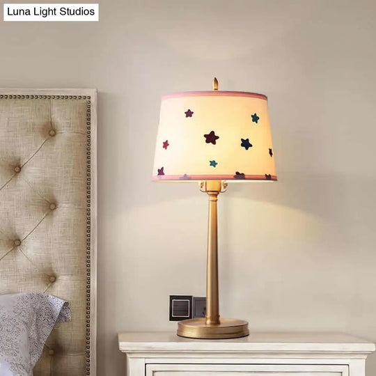 Modern Brass Drum Table Lamp With Pentagram Pattern - 1 Light Nightstand Lighting
