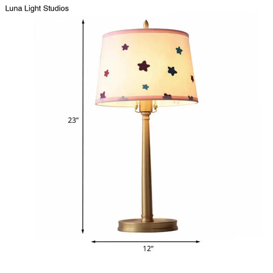 Modern Brass Drum Table Lamp With Pentagram Pattern - 1 Light Nightstand Lighting