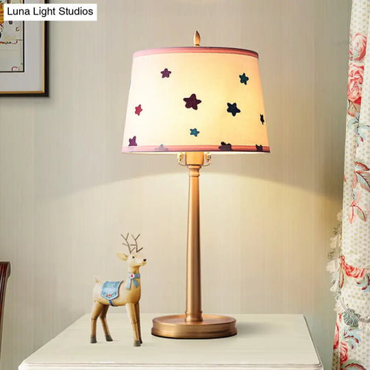 Modern Brass Drum Table Lamp With Pentagram Pattern - 1 Light Nightstand Lighting