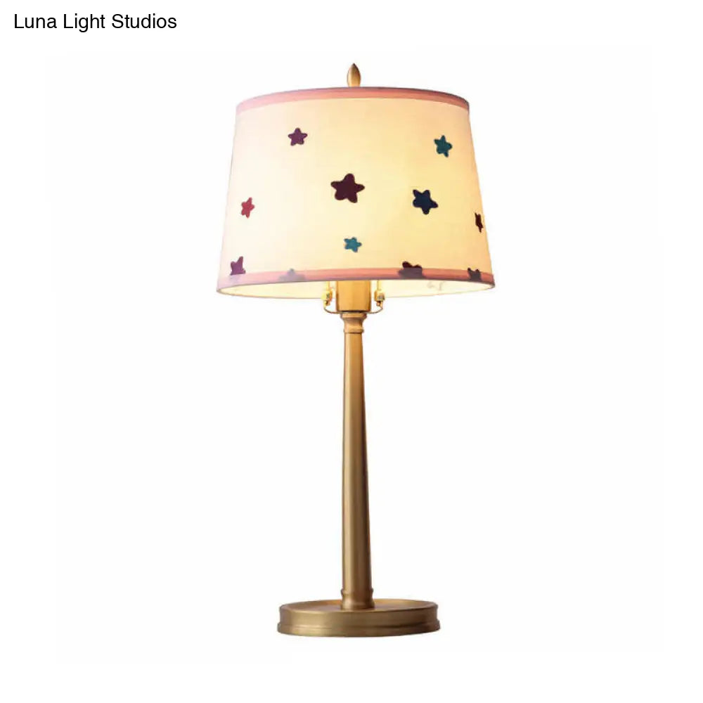 Modern Brass Drum Table Lamp With Pentagram Pattern - 1 Light Nightstand Lighting
