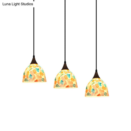 Mosaic Tile Shell Drop Tiffany-Style Pendant Lamp With Bell Shape Bronze Finish - 3 Bulbs