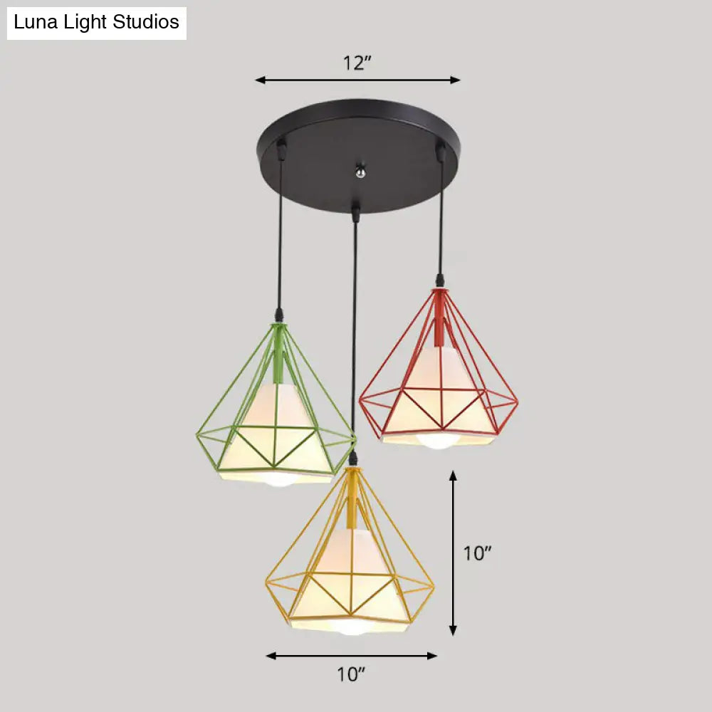 Simplicity Diamond Frame Iron Ceiling Light With 3 Multi Bulbs For Restaurant Red / Round